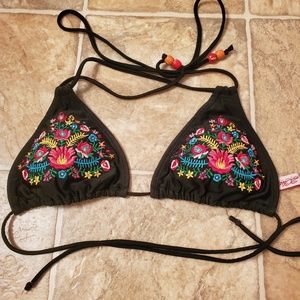 Black bikini top with embroidered flowers, beads